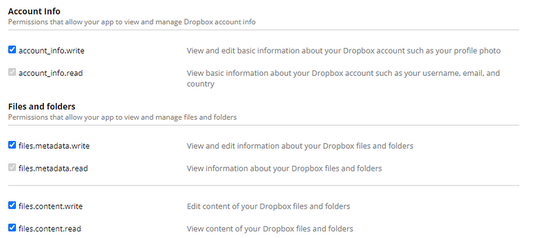 Setting Dropbox API permissions: Configuring read and write access for account info, metadata, and file content to enable automated data management with Python.