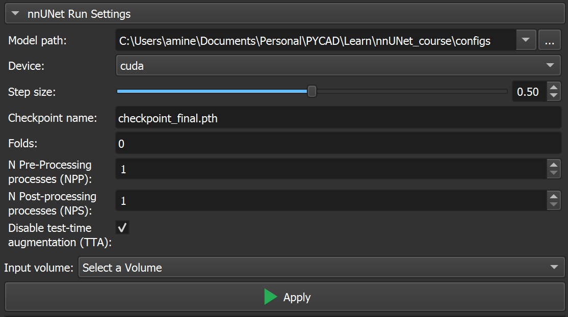 Configuring nnUNet model settings in 3D Slicer with CUDA device and checkpoint file