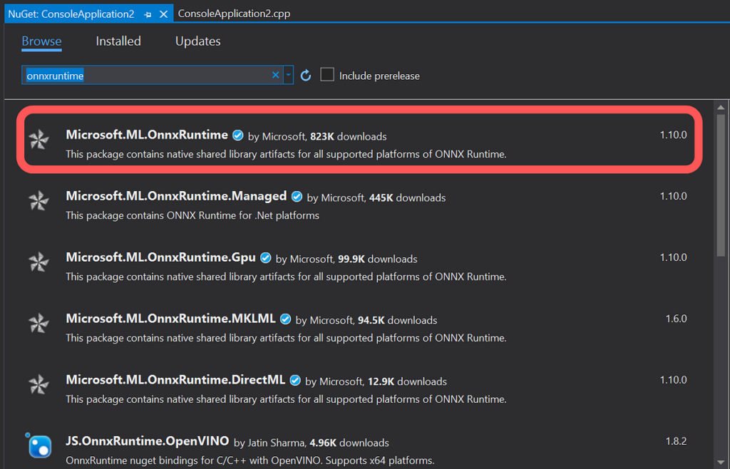 Guide to installing Onnxruntime and OpenCV for C++ projects using Visual Studio and NuGet packages.