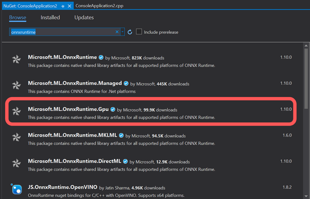 Guide to installing Onnxruntime and OpenCV for C++ projects using Visual Studio and NuGet packages.