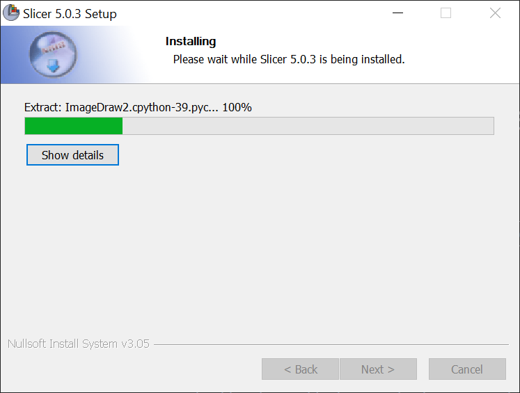 Installing 3D Slicer version 5.0.3 setup process on Windows, showing extraction progress for medical imaging software installation.