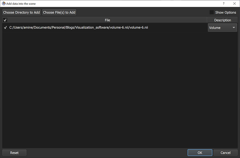 3D Slicer interface for uploading Nifti files, showing a selected .nii file ready for visualization in the medical imaging software.