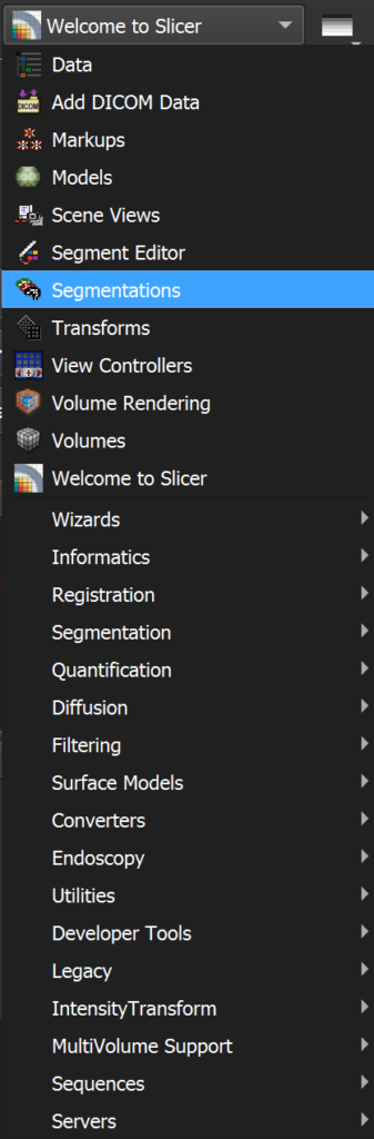 3D Slicer segmentation menu for creating and editing masks in medical imaging, essential for diagnosis and machine learning applications.