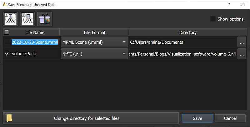 3D Slicer save window for converting DICOM files to a single NIfTI format.