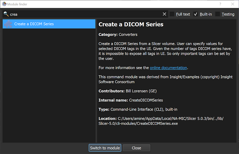 3D Slicer module for converting NIfTI files to a DICOM series using the 'Create a DICOM Series' tool.