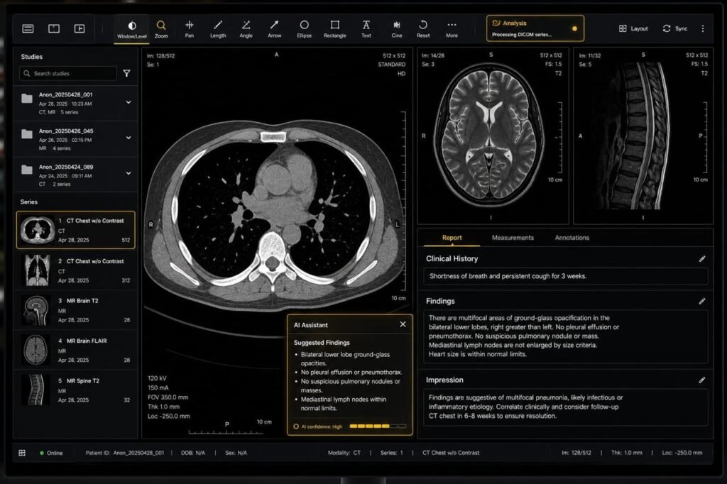 Medical imaging workstation interface showing DICOM studies, AI-assisted findings, and radiology reporting workflow