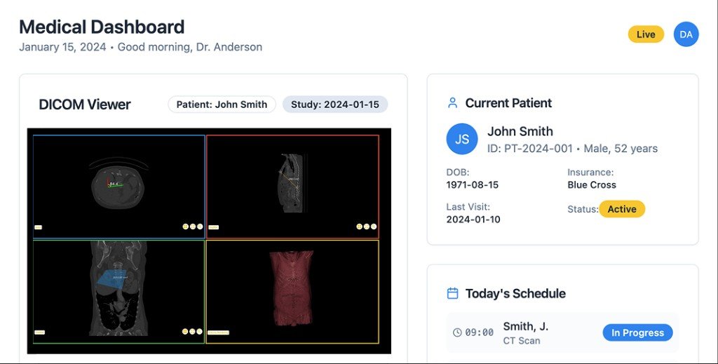 Forensic information system dashboard with DICOM viewer, case management, and patient overview for virtual autopsy