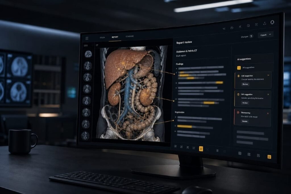 Radiology workstation showing AI-assisted report review on a 3D abdominal CT study