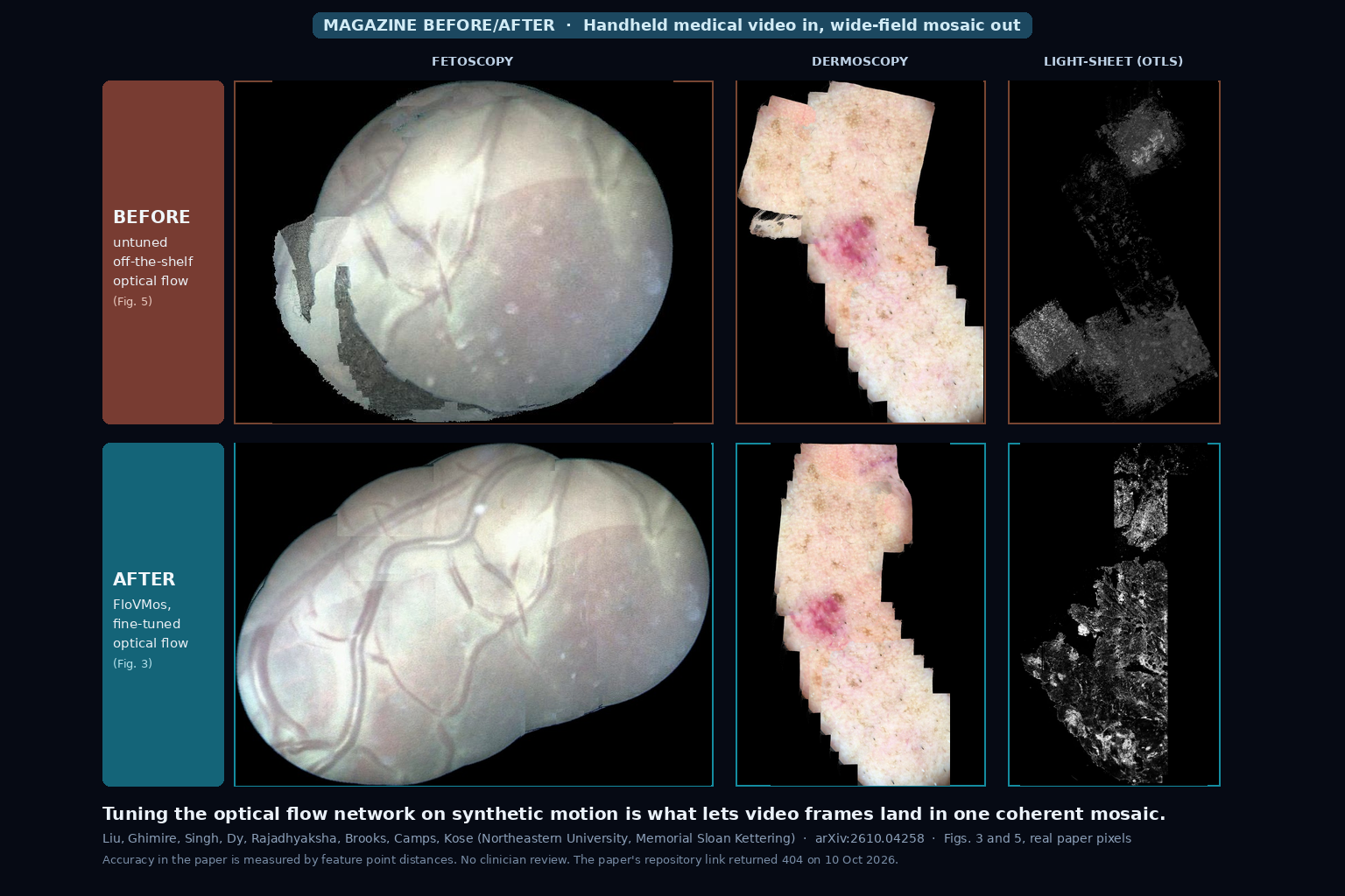 Before and after mosaics of fetoscopy, dermoscopy and light-sheet microscopy video: the top row, stitched with an untuned optical flow model, shows grey patches and broken pieces; the bottom row, from the fine-tuned FloVMos model, is continuous (Liu et al., arXiv:2610.04258, Figs. 3 and 5)