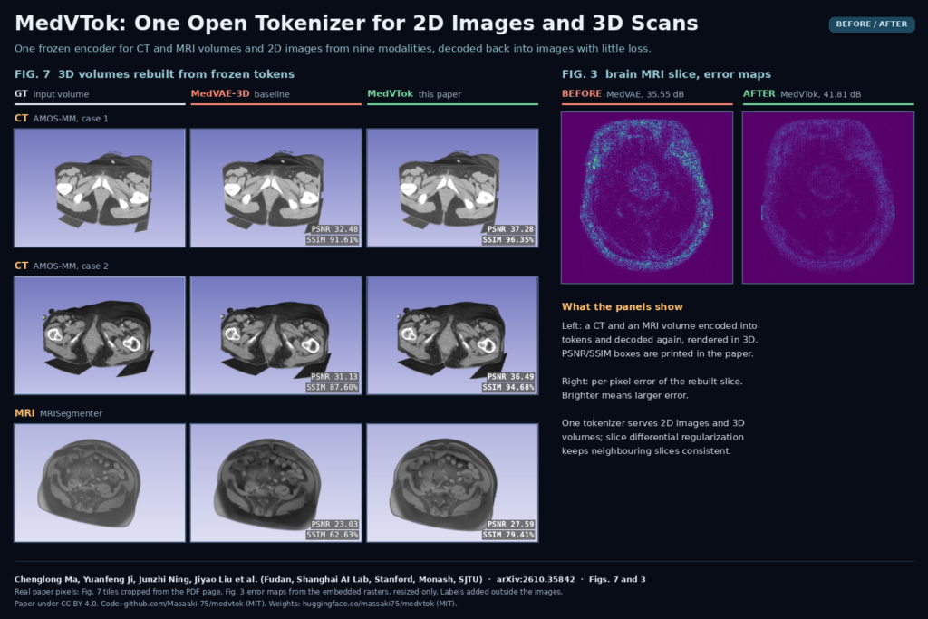 Figures 7 and 3 of arXiv:2610.35842 by Chenglong Ma, Yuanfeng Ji, Junzhi Ning, Jiyao Liu et al.: 3D renderings of two CT volumes and one MRI volume as ground truth, MedVAE-3D reconstruction and MedVTok reconstruction, next to brain MRI error maps for MedVAE and MedVTok.