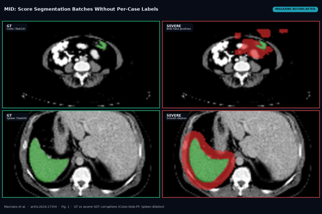 Magazine before/after from Fig. 1: Task10 Colon ground truth versus severe blob false positives (top); Task09 Spleen ground truth versus severe smooth dilation (bottom). Marcianò et al., arXiv:2610.17354