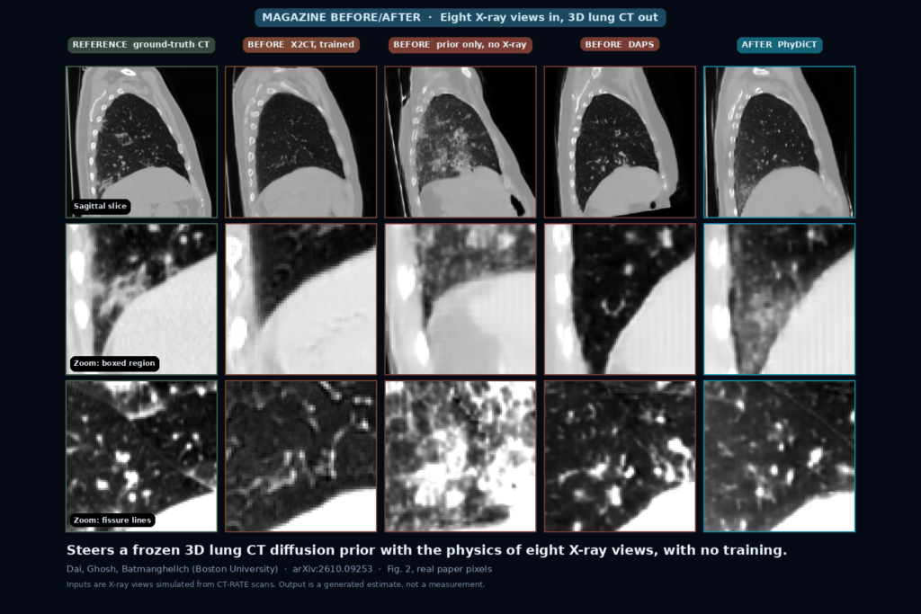 Three rows of lung CT crops, a sagittal slice and two zooms, comparing the ground-truth CT, X2CT, the diffusion prior alone, DAPS, and PhyDiCT reconstructed from eight X-ray projections (Dai et al., arXiv:2610.09253, Fig. 2)