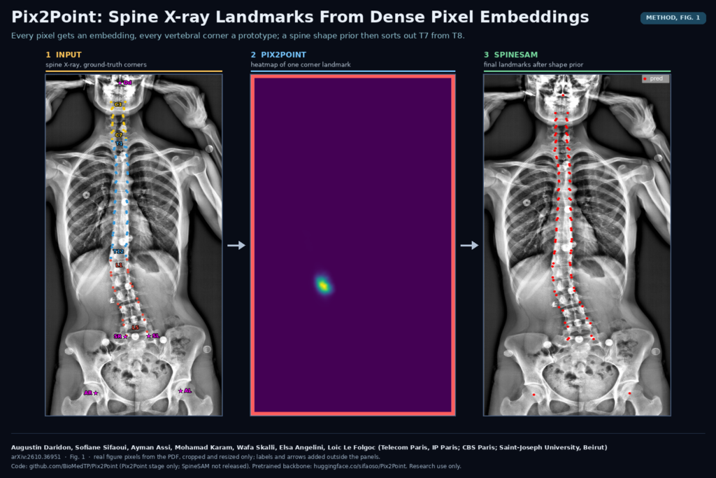 Figure 1 of arXiv:2610.36951 by Augustin Daridon, Sofiane Sifaoui, Ayman Assi, Mohamad Karam, Wafa Skalli, Elsa Angelini and Loic Le Folgoc (Telecom Paris, CBS Paris, Saint-Joseph University Beirut): a coronal full-spine X-ray with ground-truth vertebral corners, the Pix2Point heatmap of one corner landmark, and the final landmarks after the SpineSAM shape prior.