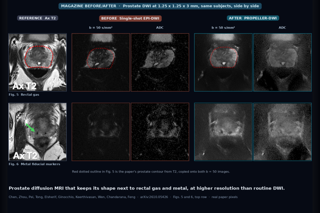 Axial T2 reference beside single-shot EPI-DWI and PROPELLER-DWI b=50 images and ADC maps at 1.25 mm for a prostate with rectal gas and one with metal fiducial markers. EPI warps or loses the gland, PROPELLER keeps its shape (Chen, Zhou, Pei, Tong, Elsherif, Ginocchio, Keerthivasan, Wen, Chandarana, Feng, arXiv:2610.05426, Figs. 5 and 6)
