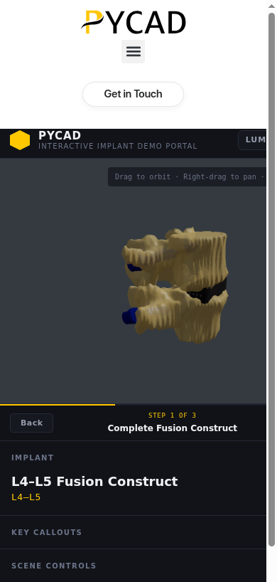 PYCAD web viewer in a phone browser with a single viewport
