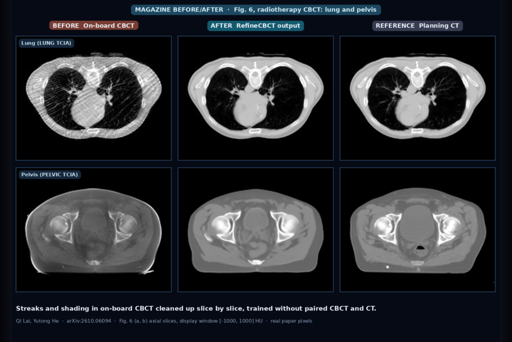 Axial lung and pelvic slices: original CBCT with streaks and shading, RefineCBCT output, and planning CT reference (Lai and He, arXiv:2610.06094, Fig. 6)